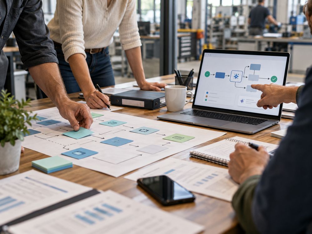 Des mains placent des étapes sur un grand schéma de processus, devant un ordinateur qui affiche le flux automatisé